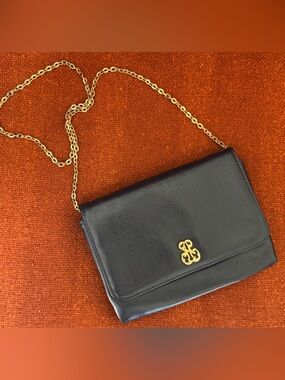 Vintage Navy Leather Envelope Clutch with Gold Chain and Hardware